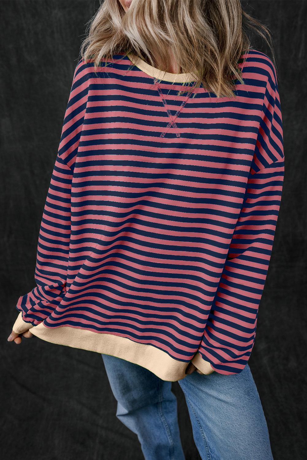 Blue Stripe Oversized Contrast Trim Pullover Sweatshirt