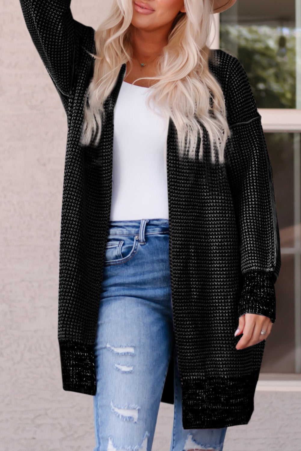 Apricot Plaid Knitted Long Open Front Cardigan