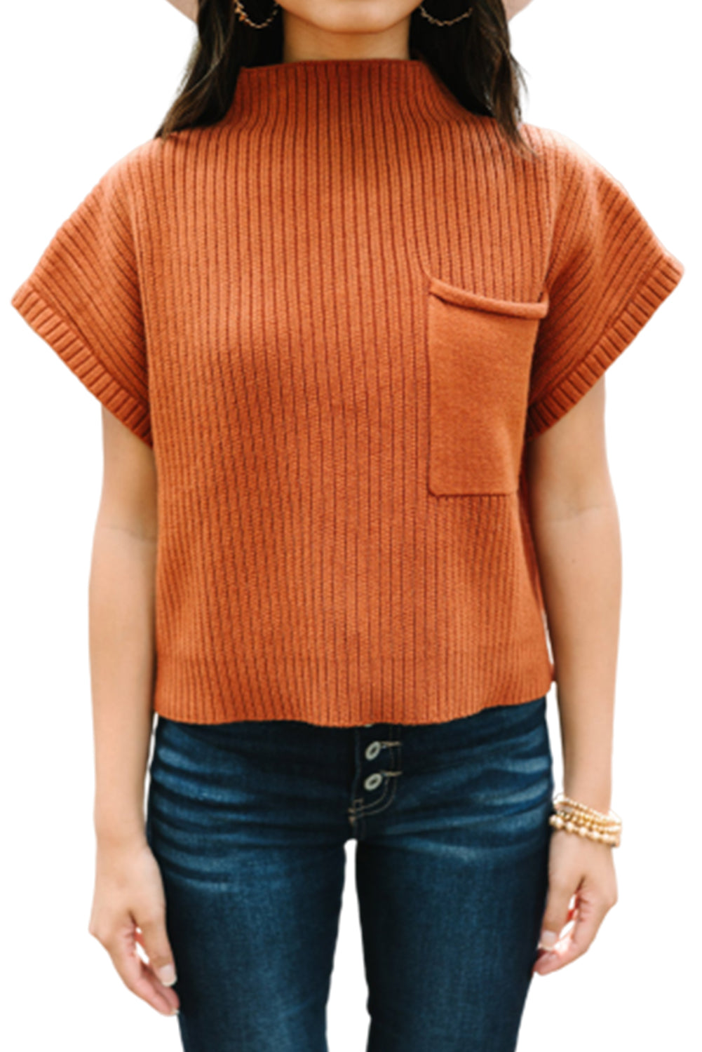 Pocket Ribbed Knit Short Sleeve Sweater