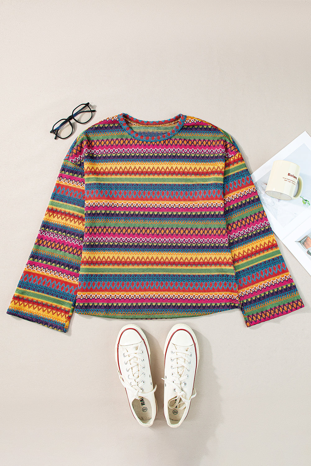 Rose Red Multicolor Long Sleeve Sweater