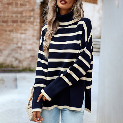 Striped casual round neck long sleeve knitted sweater