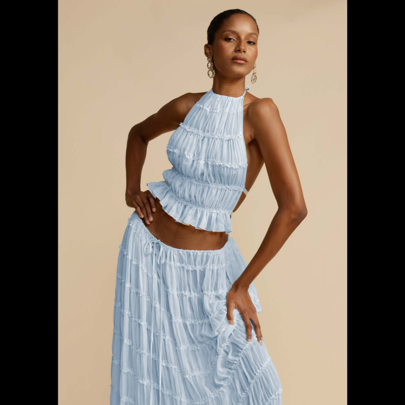 Backless lace-up halter top set and two-piece chiffon pleated long skirt with earrings