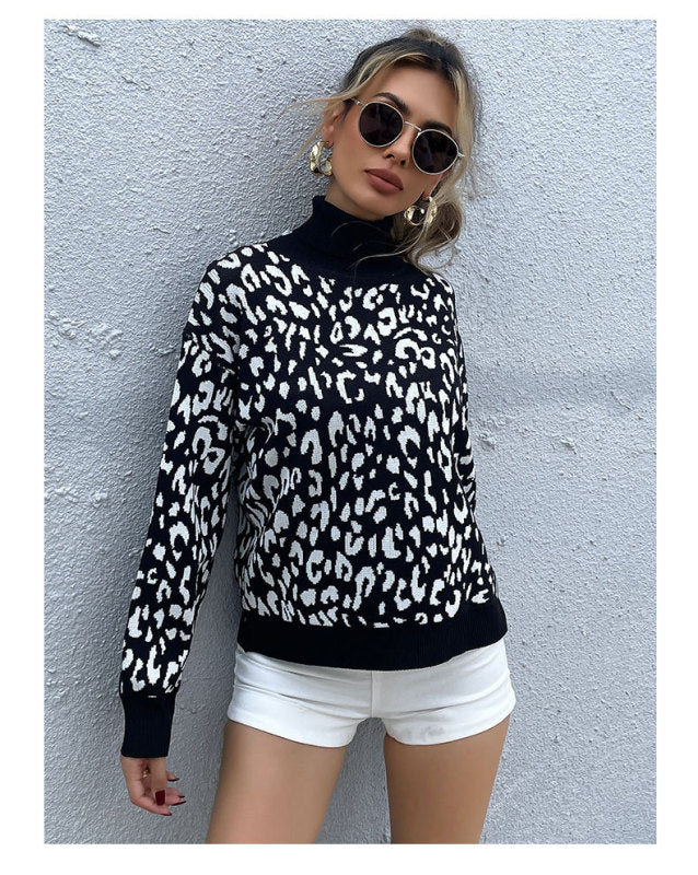 Turtleneck Jacquard Black Leopard Print European and American Sweater