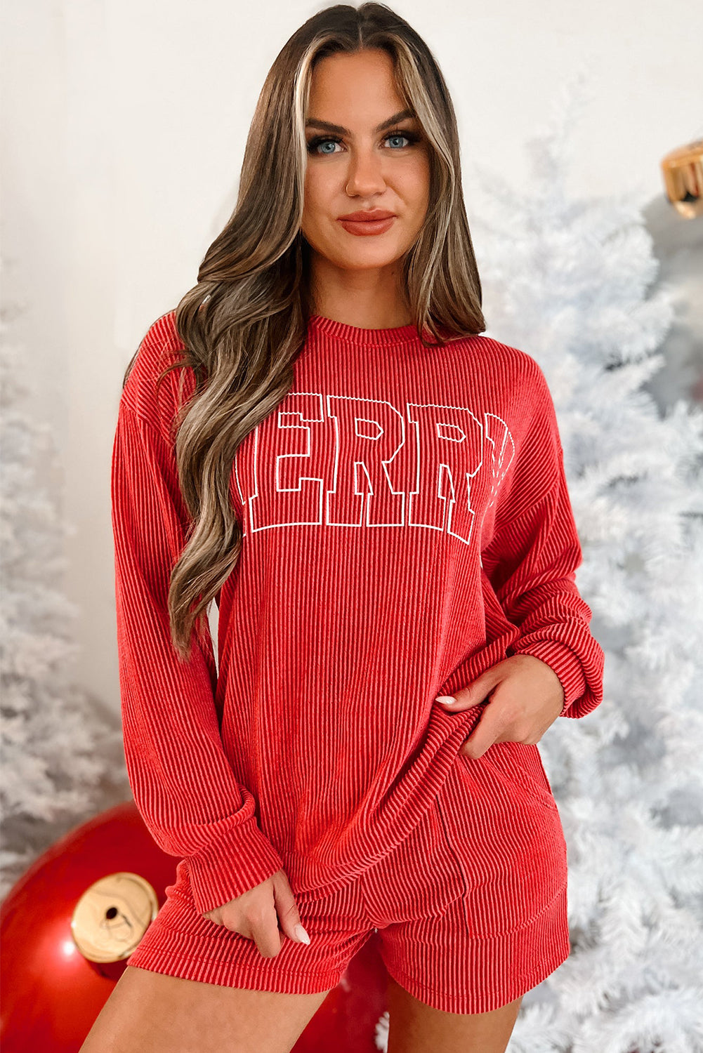 Red Corduroy Merry Christmas Long Sleeve Top and Shorts Set