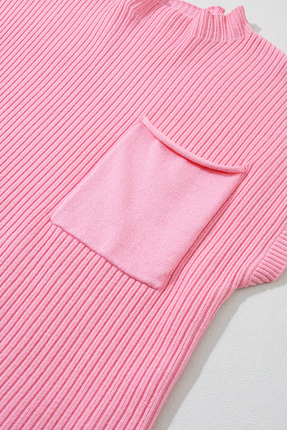 Pocket Ribbed Knit Short Sleeve Sweater