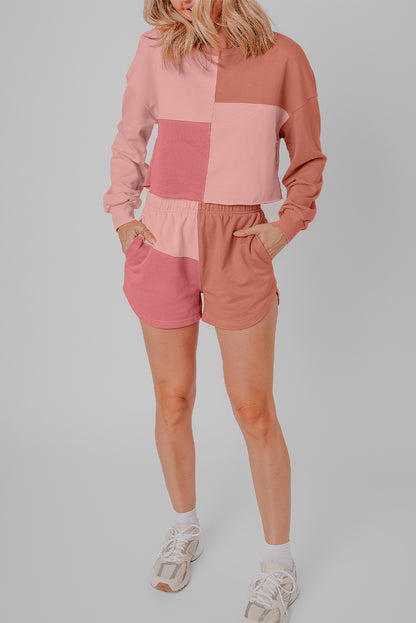 Sky Blue Colorblock Patchwork Long Sleeve Shorts Outfit