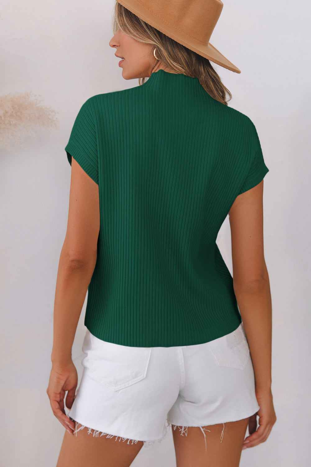 Pocket Ribbed Knit Short Sleeve Sweater