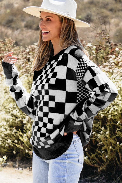 Khaki Checkered Print Drop Shoulder Round Neck Sweater