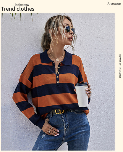 Blue and Orange Button Up Long Sleeve Pullover Sweater