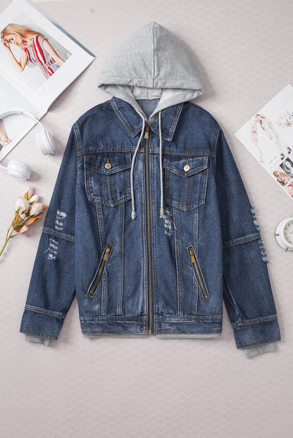 Dark Blue Two-Piece Hooded Zip-Up Denim Jacket