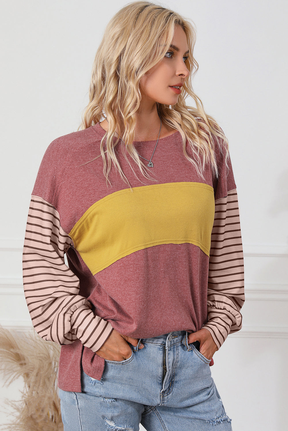 Green Colorblock Striped Bishop Sleeve Top