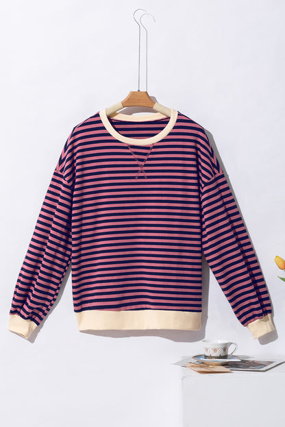 Blue Stripe Oversized Contrast Trim Pullover Sweatshirt