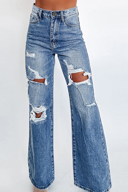 Blue Wash Distressed Wide Leg Ripped High Waist Jeans