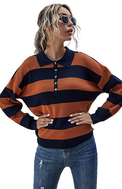 Blue and Orange Button Up Long Sleeve Pullover Sweater