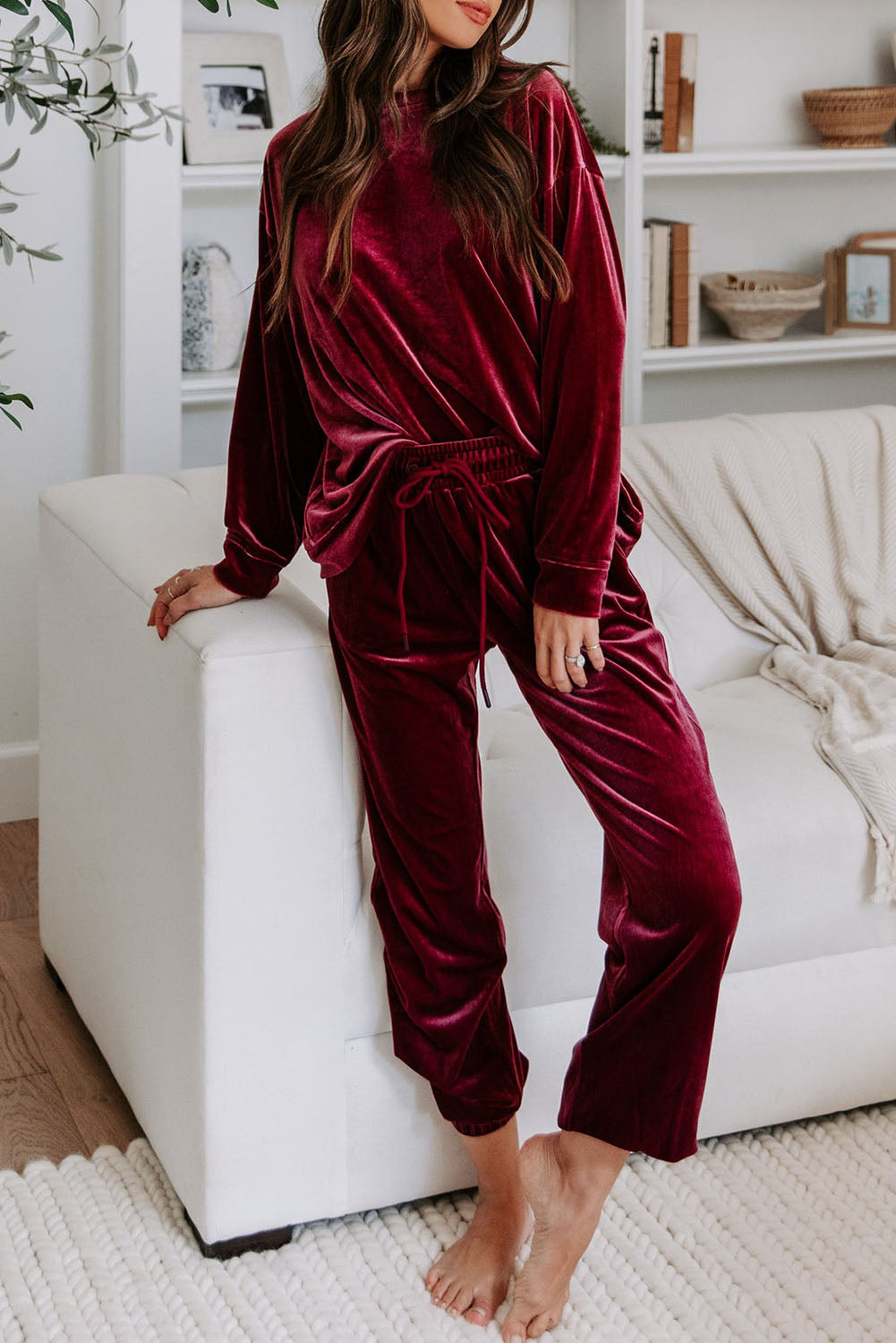 Burgundy Red Velvet Two Piece Lounge Set