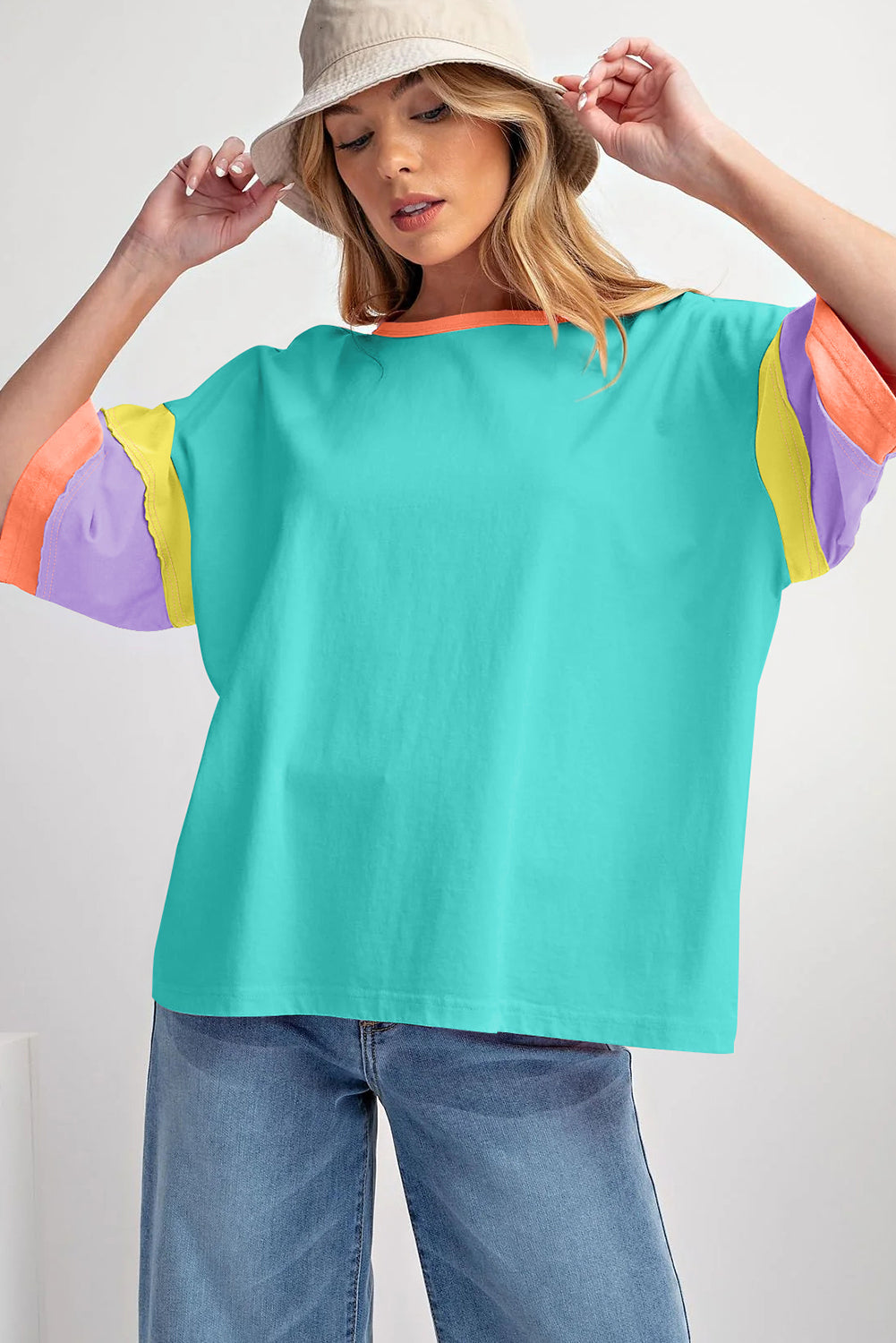 Green Color Block Stitching Sleeve Round Neck Oversize Top