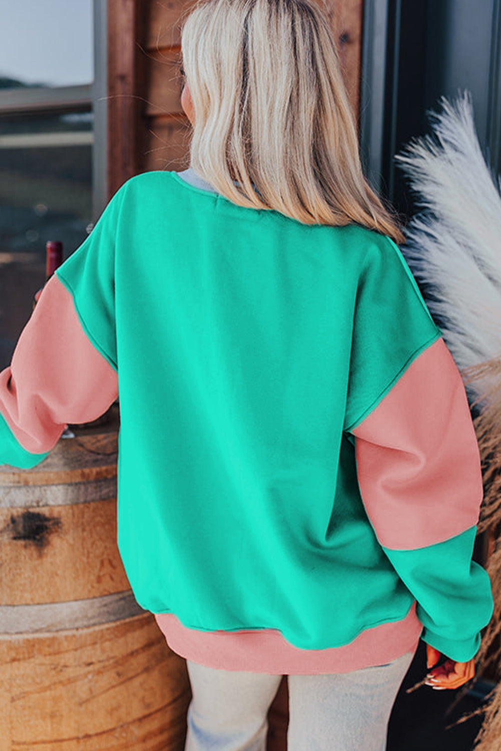 Bright Pink Colorblock Patchwork Drop Shoulder Sweatshirt