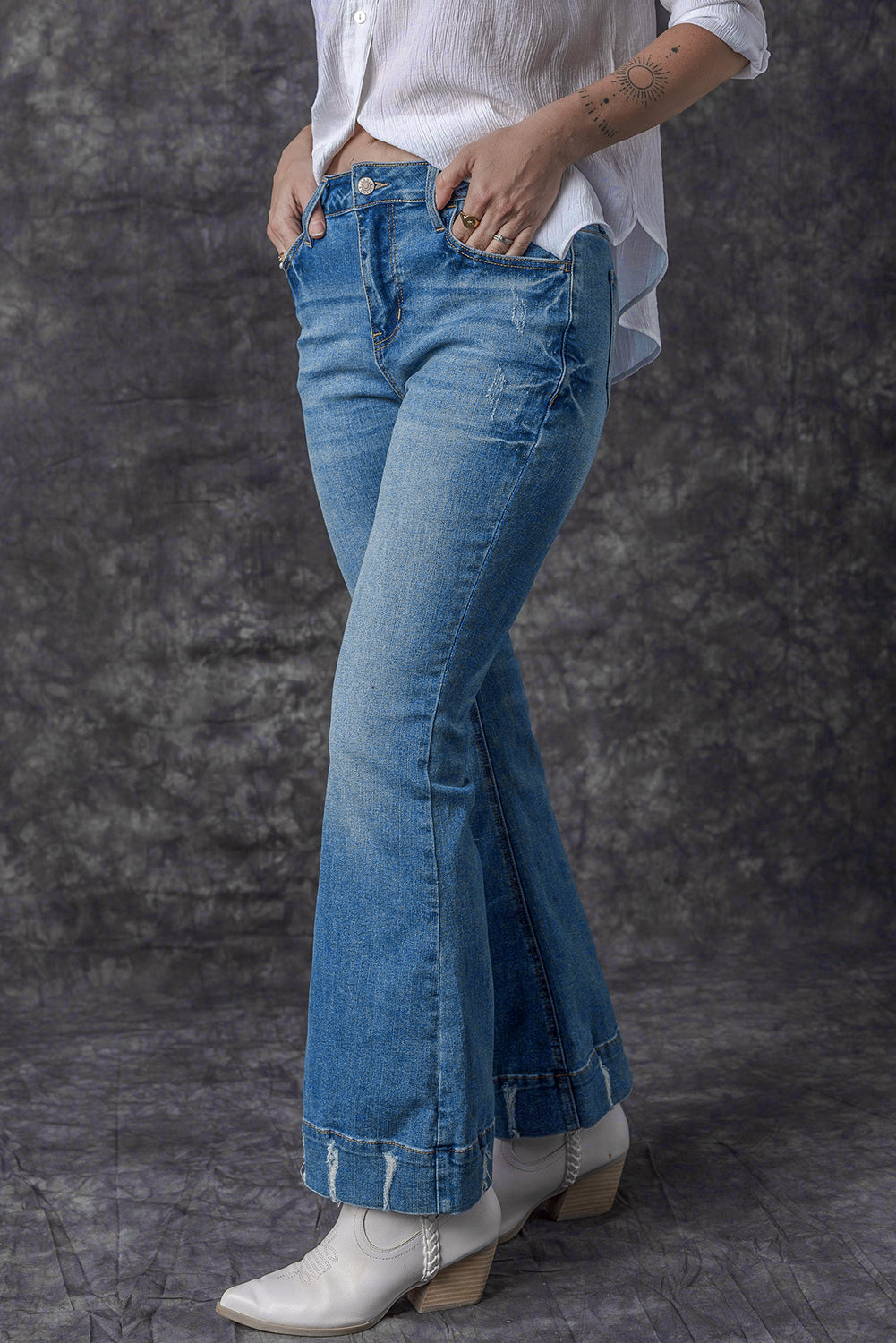 Sky Blue Slight Distressed Medium Wash Flare Jeans