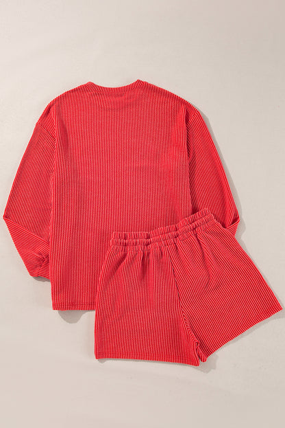 Red Corduroy Merry Christmas Long Sleeve Top and Shorts Set