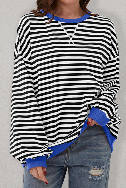 Blue Stripe Oversized Contrast Trim Pullover Sweatshirt