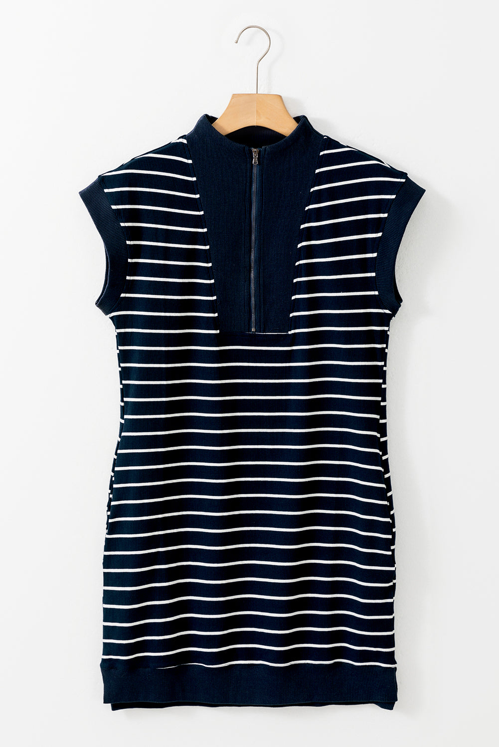 Blue Stripe Quarter Zip Collared Cap Sleeve Mini Dress