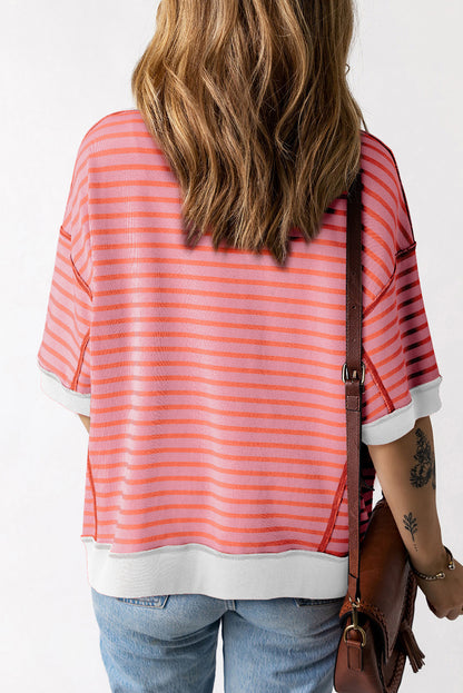 Green Stripe Oversized Contrast Trim Exposed Seam High Low T Shirt