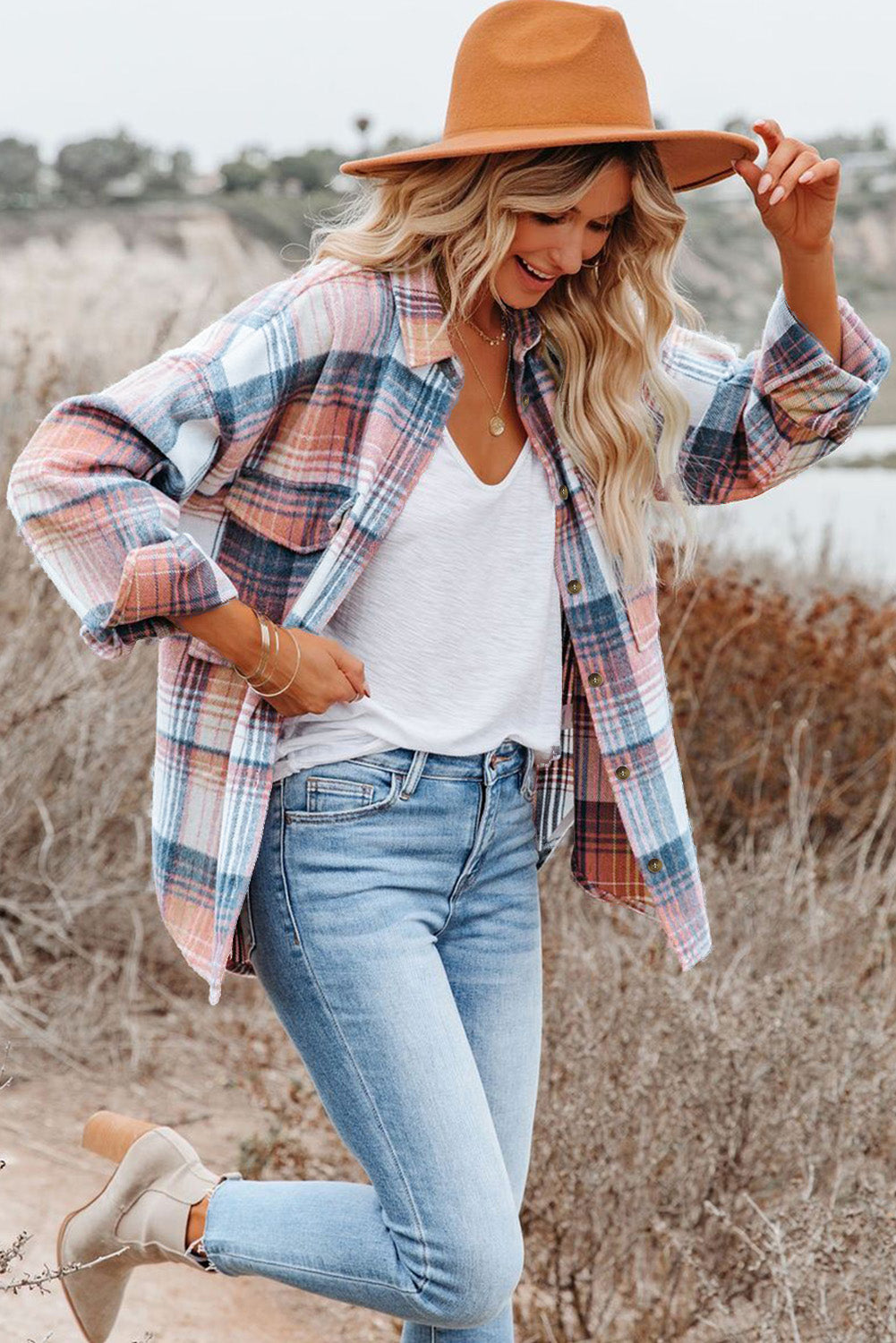 Brown Plaid Flap Pockets Shacket