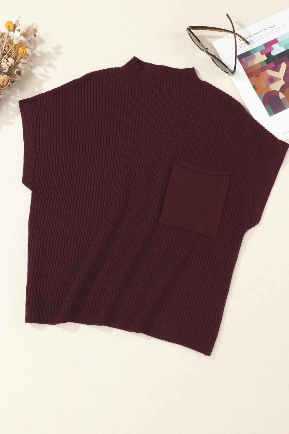 Pocket Ribbed Knit Short Sleeve Sweater