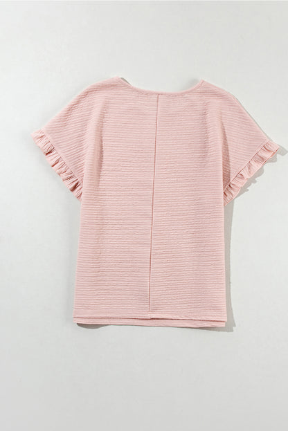 Light Pink Solid Textured Ruffled Short Sleeve Blouse