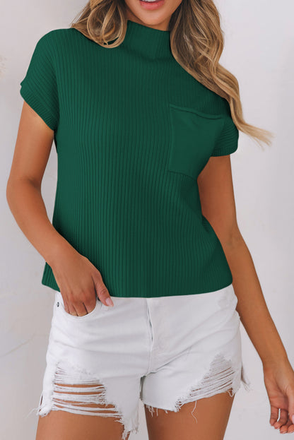 Pocket Ribbed Knit Short Sleeve Sweater