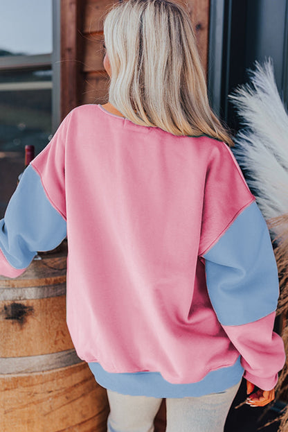 Bright Pink Colorblock Patchwork Drop Shoulder Sweatshirt