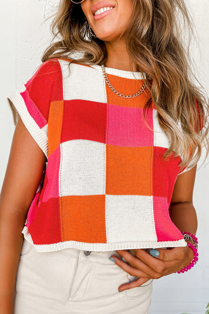 Grapefruit Orange Color Block Cap Sleeve Sweater