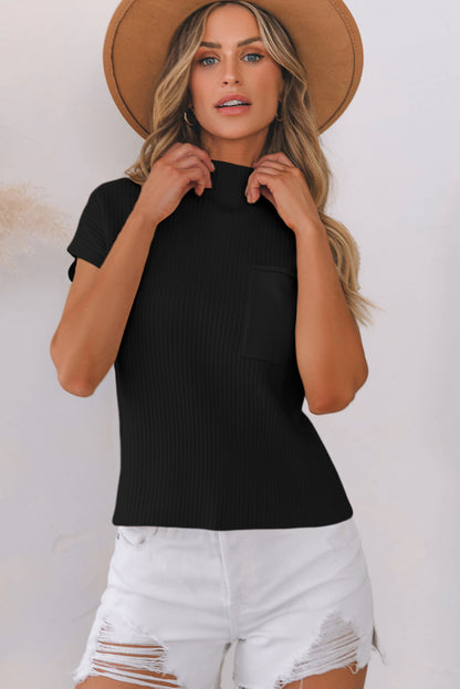 Pocket Ribbed Knit Short Sleeve Sweater