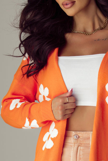 Orange Floral Print Knitted Open Front Loose Cardigan