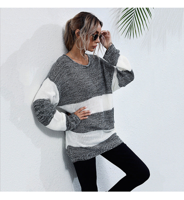 women's mid-length color block knitted sweater