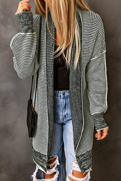 Apricot Plaid Knitted Long Open Front Cardigan