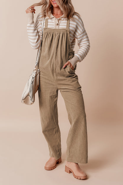 Jungle Green Solid Pocketed Loose Fit Corduroy Overall