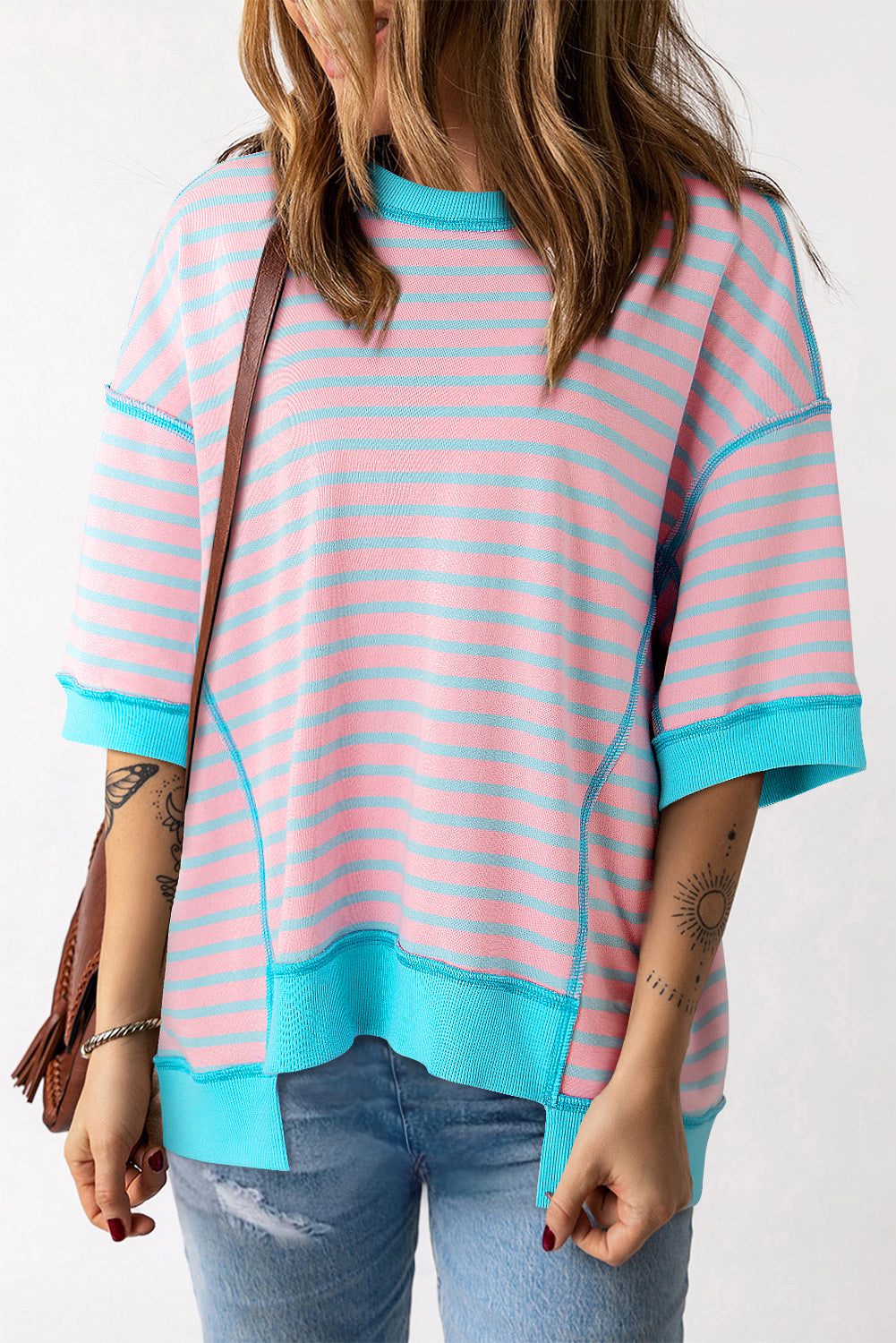 Green Stripe Oversized Contrast Trim Exposed Seam High Low T Shirt