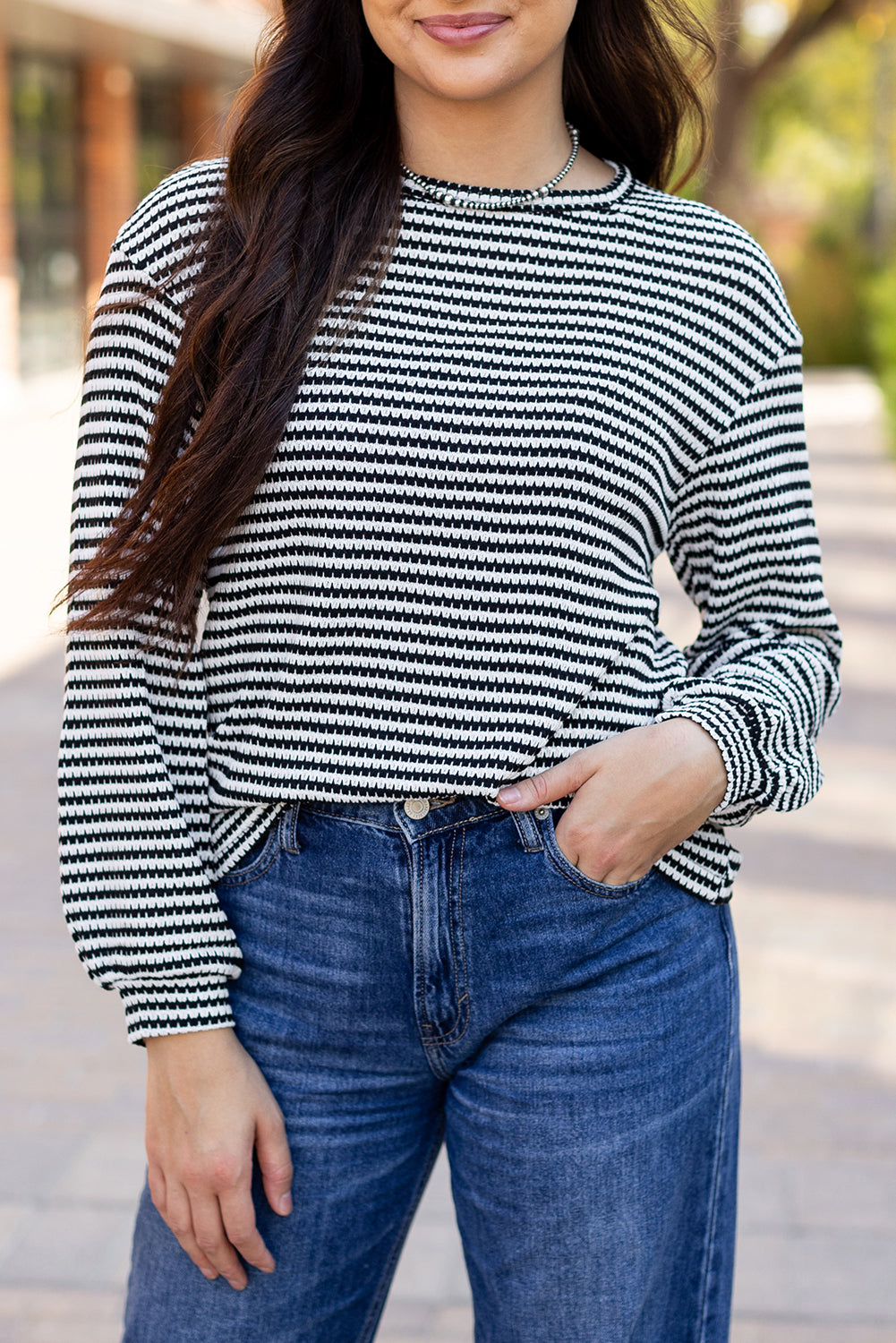 Black Stripe Round Neck Drop Shoulder Long Sleeve Top