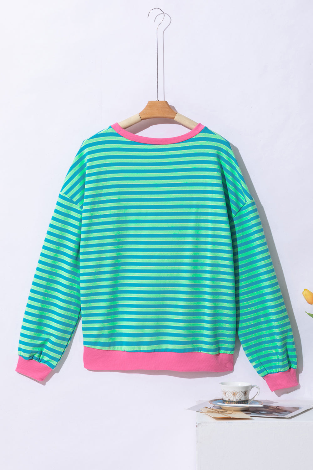 Blue Stripe Oversized Contrast Trim Pullover Sweatshirt