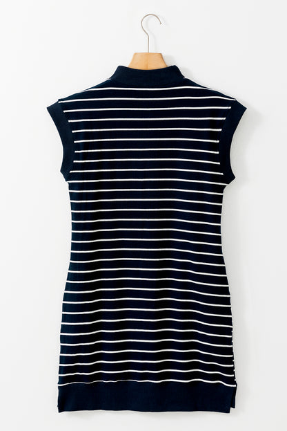 Blue Stripe Quarter Zip Collared Cap Sleeve Mini Dress