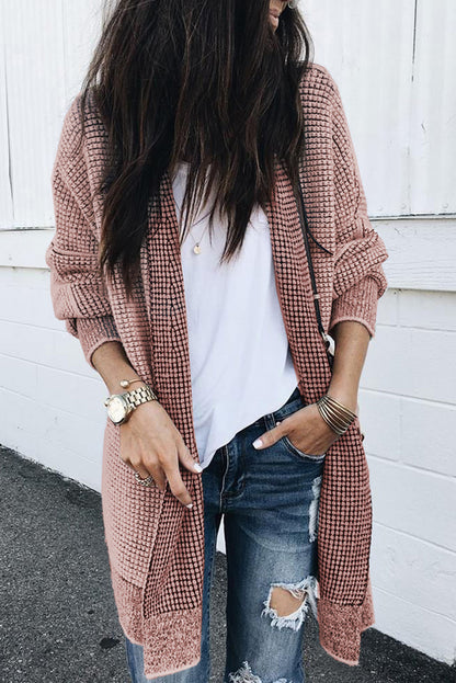 Apricot Plaid Knitted Long Open Front Cardigan