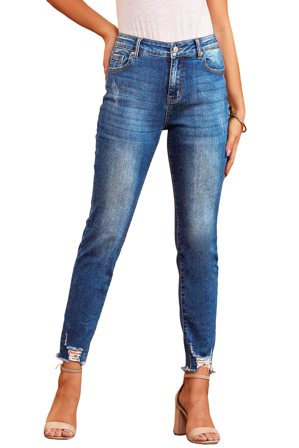 Blue Raw Hem Ankle-length Skinny Jeans