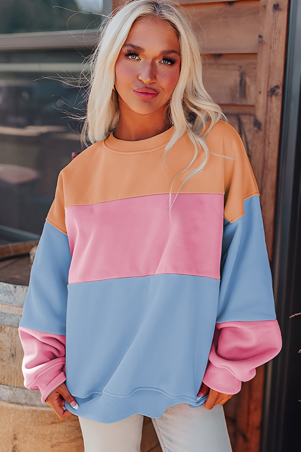 Bright Pink Colorblock Patchwork Drop Shoulder Sweatshirt