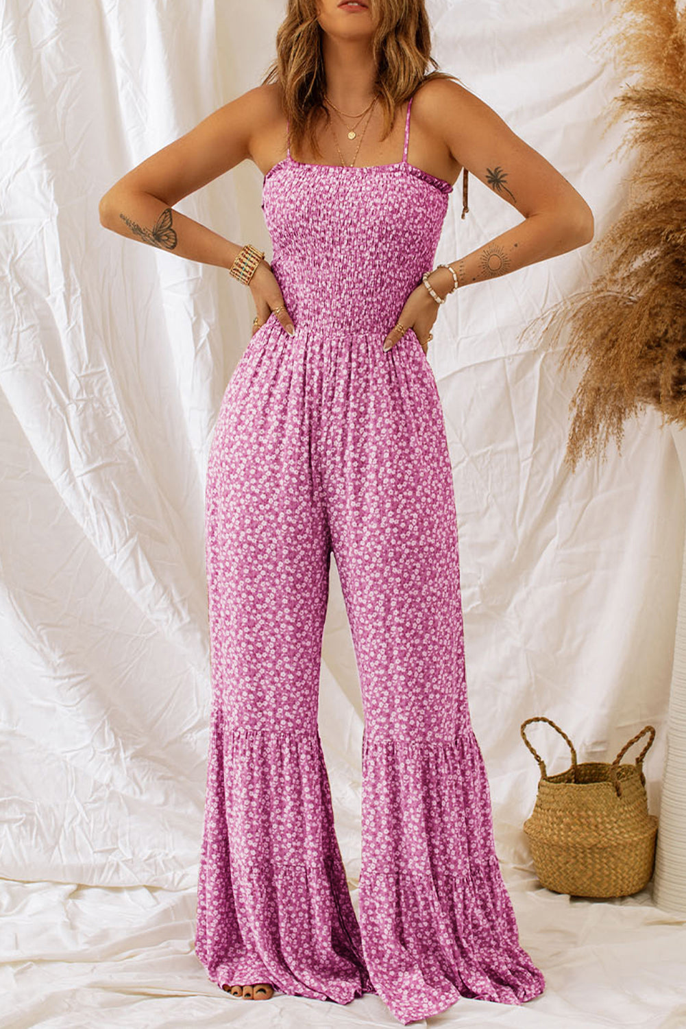 Khaki Thin Straps Smocked Bodice Wide Leg Floral Jumpsuit