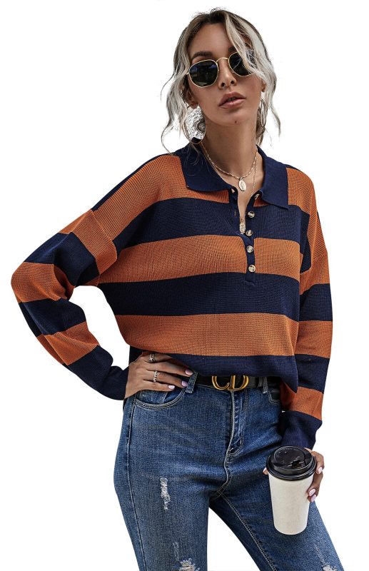 Blue and Orange Button Up Long Sleeve Pullover Sweater