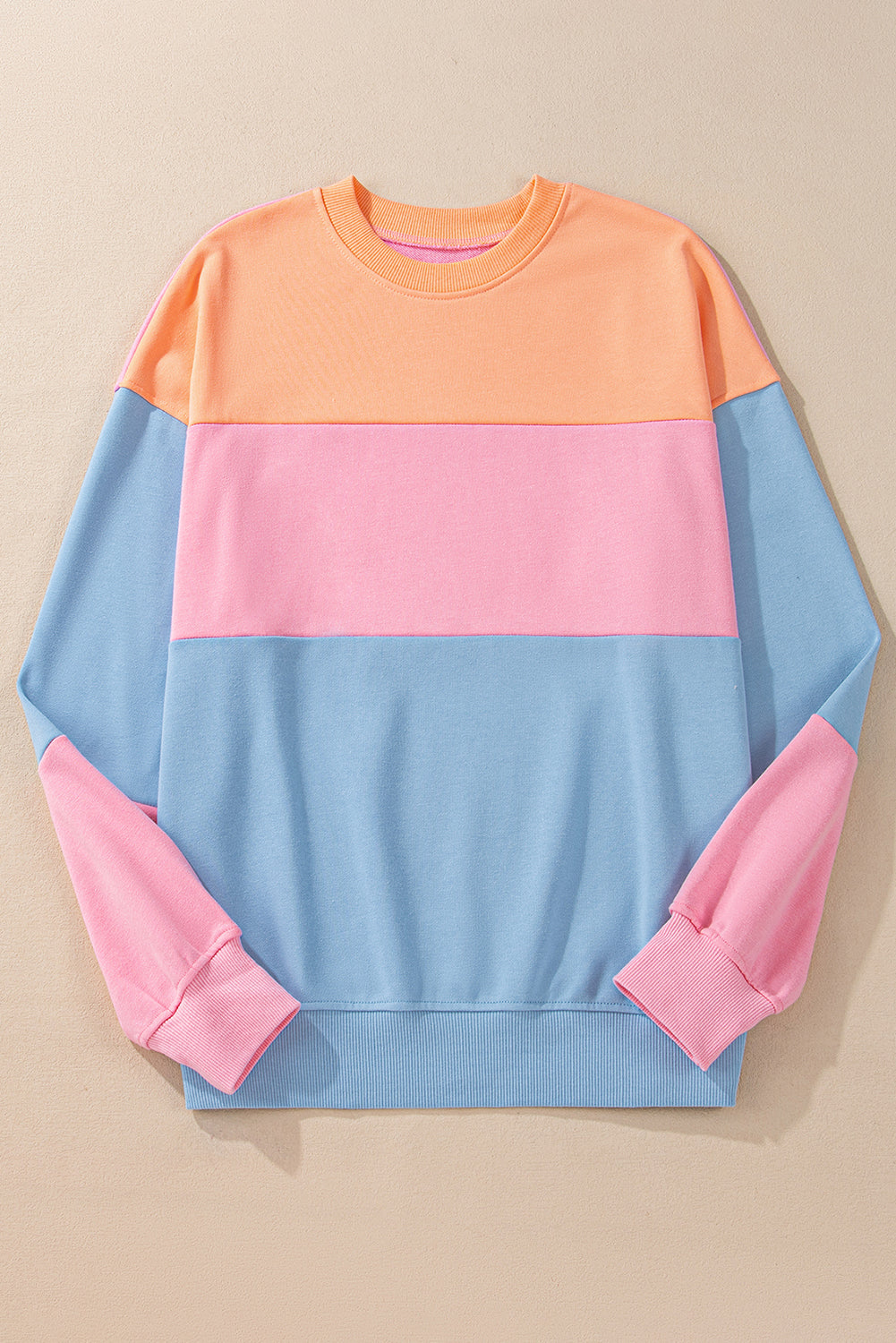 Bright Pink Colorblock Patchwork Drop Shoulder Sweatshirt