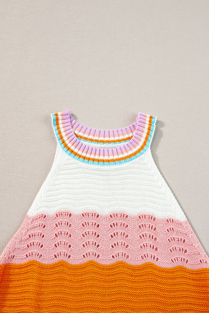 Multicolour Wavy Striped Print Textured Knit Sleeveless Sweater Top