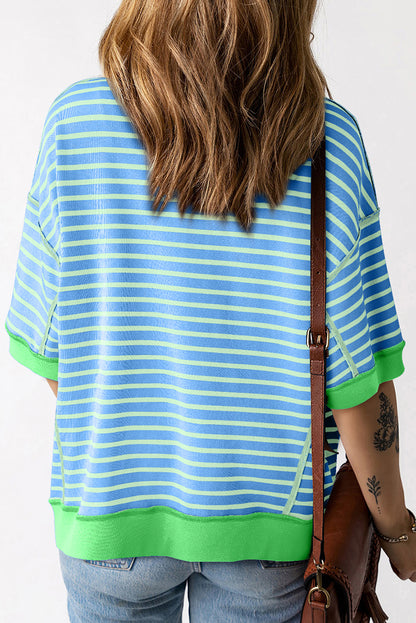 Green Stripe Oversized Contrast Trim Exposed Seam High Low T Shirt