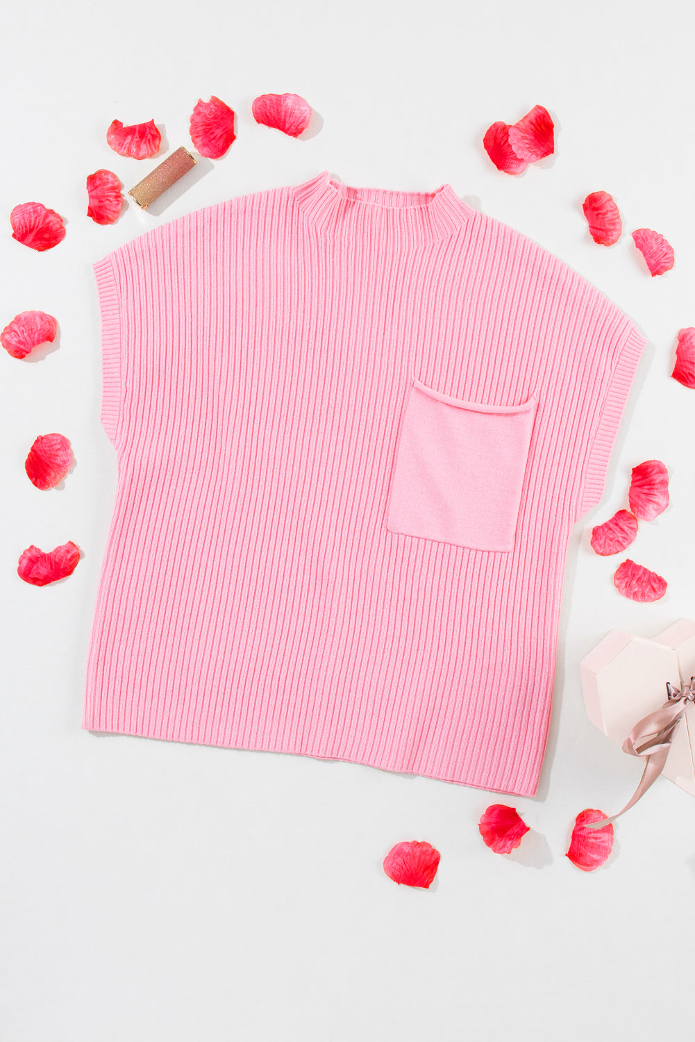 Pocket Ribbed Knit Short Sleeve Sweater